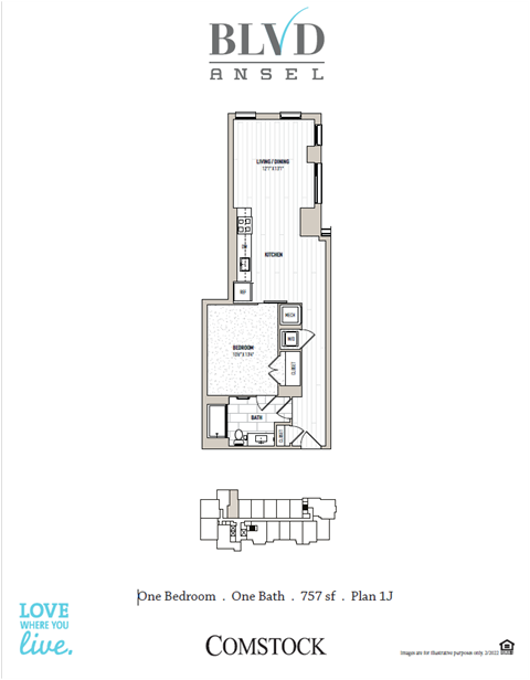 Floor plan for 1 bed, 1 bath, 766 sqft